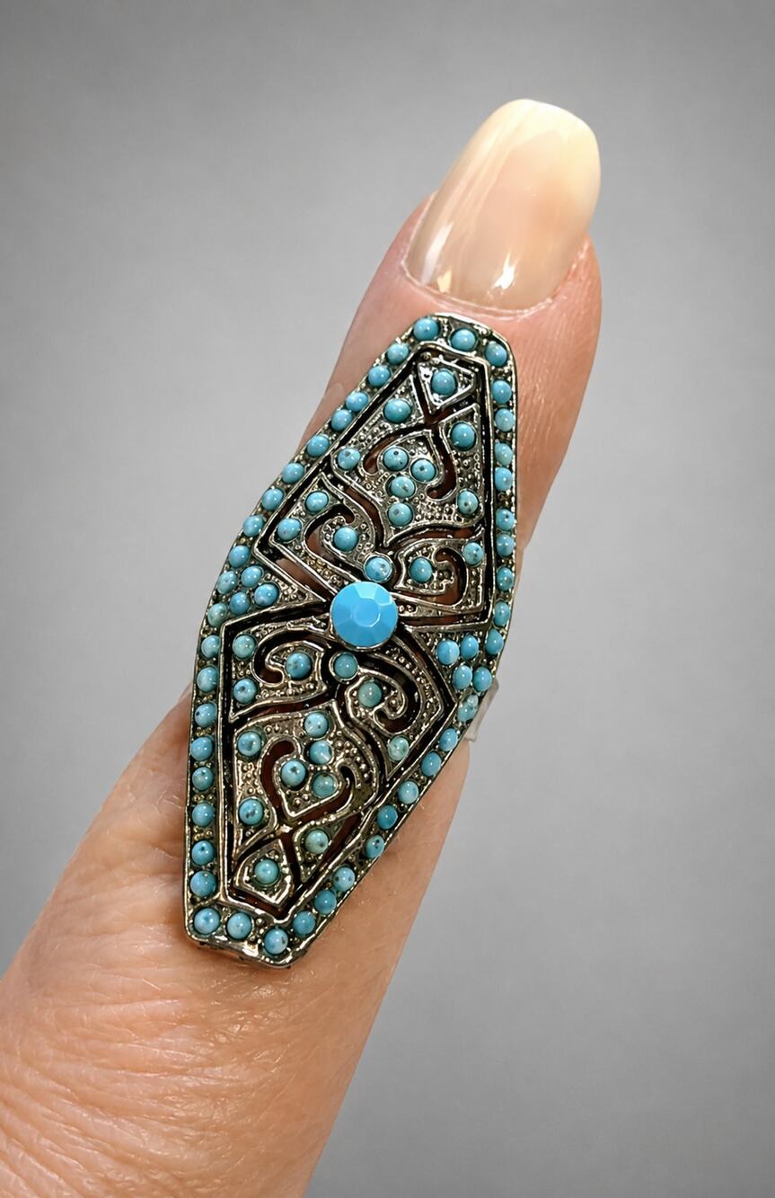 Vintage Faux Turquoise Adjustable Ring Statement Silver-tone r-45β
